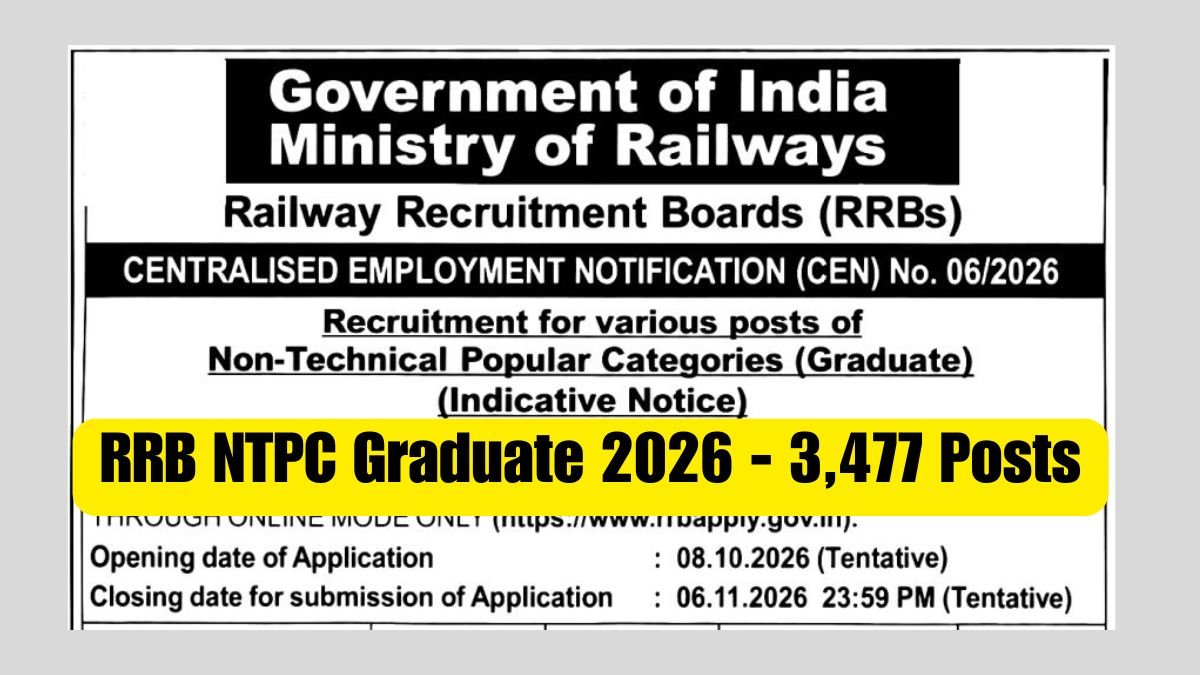 RRB NTPC Graduate 2026 for 3,477 Posts Apply From 8 Oct