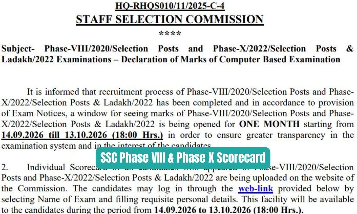 SSC Phase VIII & Phase X Scorecard - check now at at ssc.gov.in