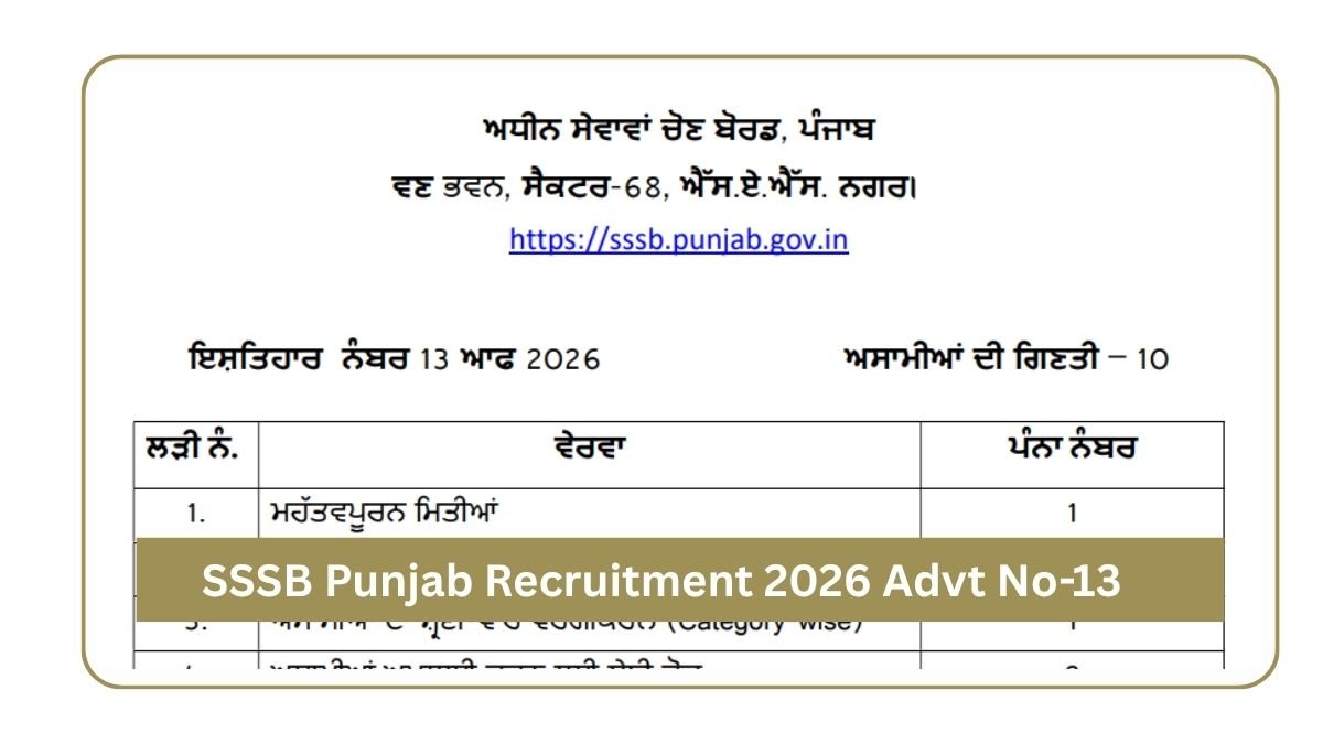 SSSB Punjab Recruitment 2026 Advt No-13 10 Posts, Last Date 22 Oct