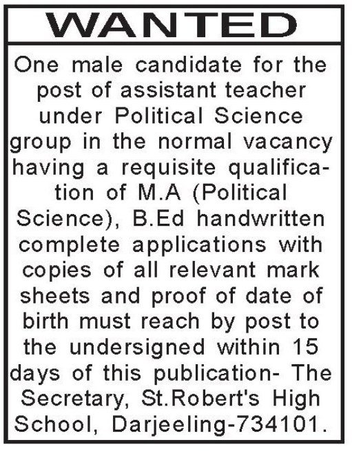 Darjeeling teacher vacancy 2026 notice: St. Robert's High School Assistant Teacher Political Science