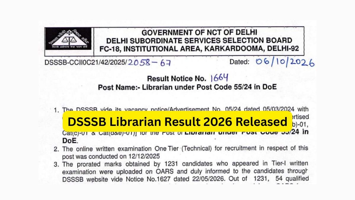 DSSSB Librarian Result 2026 Released Post Code 5524