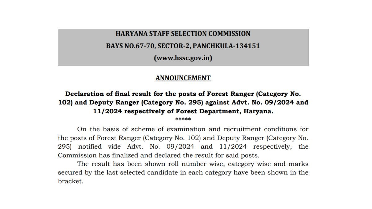 HSSC Forest Ranger Result 2026 Category-wise Cut-off
