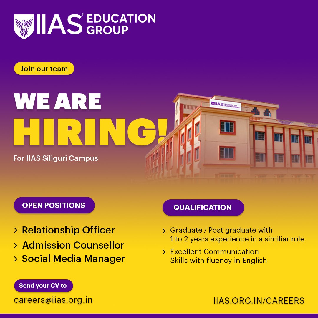 IIAS Siliguri Hiring 2026 3 Jobs, 1-2 Years' Experience
