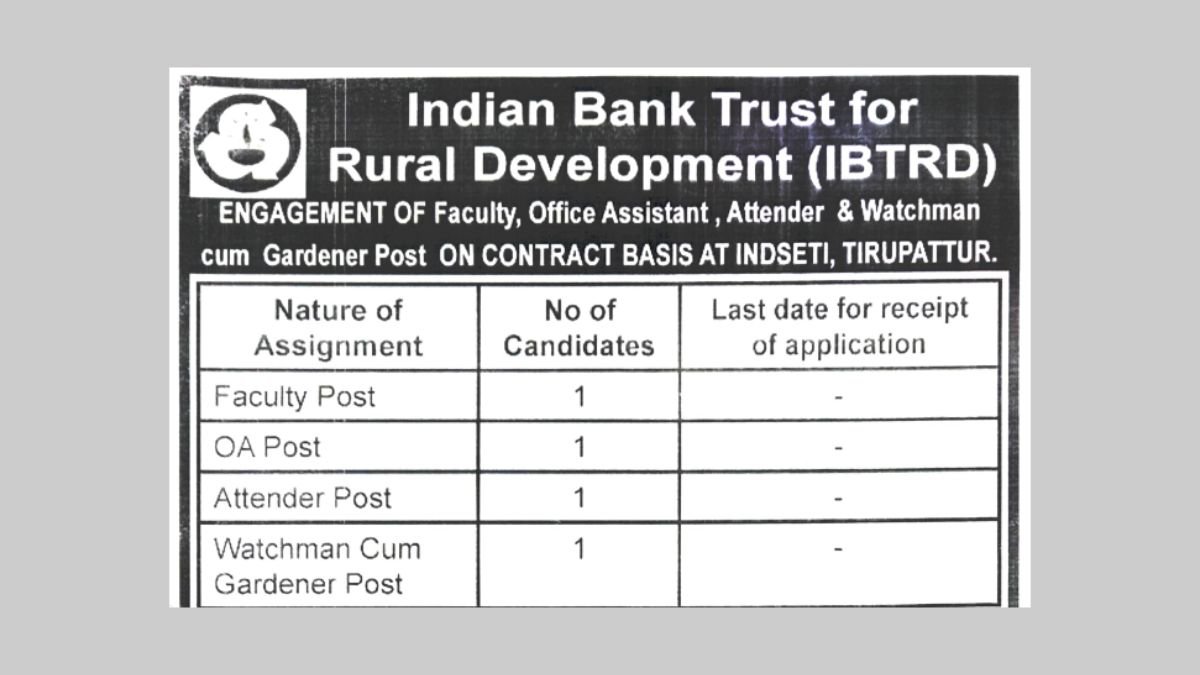 INDSETI Tirupattur Recruitment 2026 Indian Bank Contract Posts