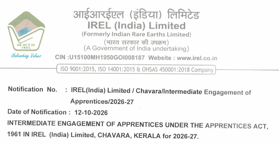 IREL Chavara Apprentice 2026: 12 Seats, Last Date 31 Oct