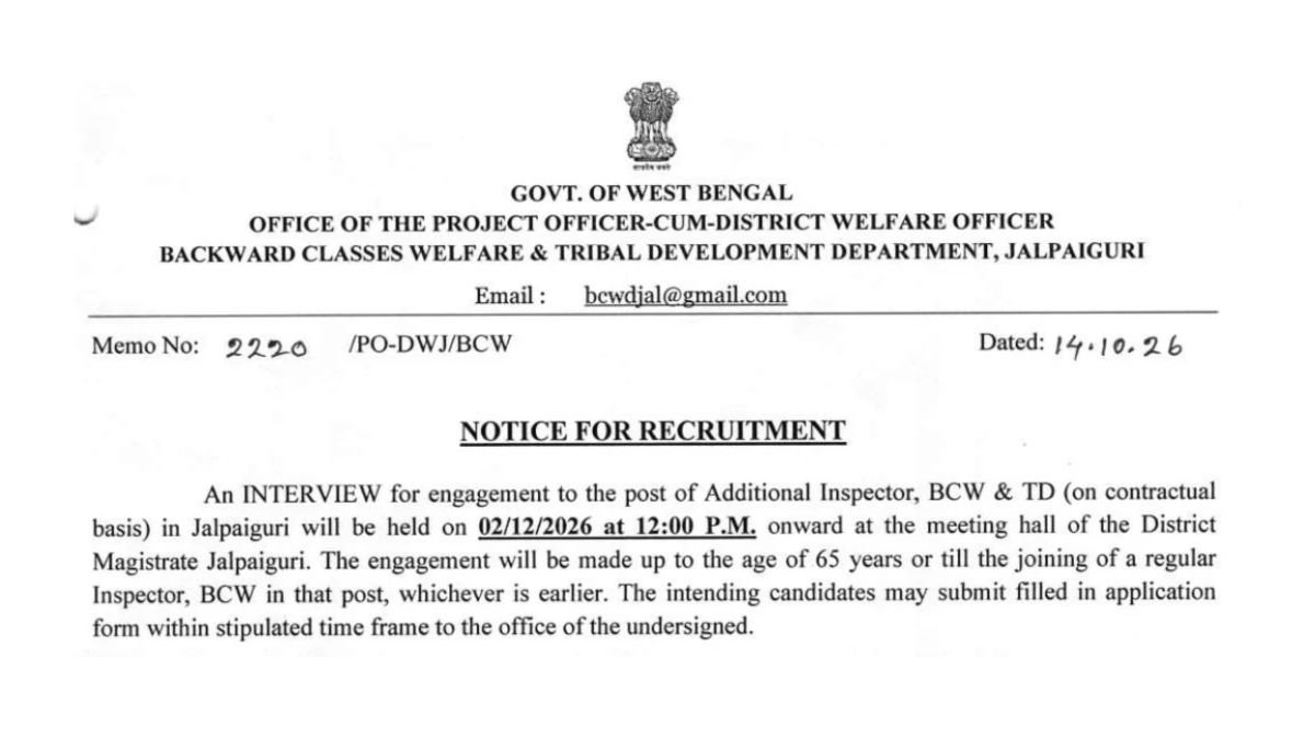 Jalpaiguri Additional Inspector Jobs for Retired Staff