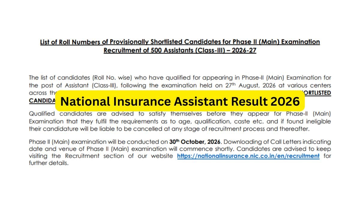 National Insurance Assistant Result 2026 Main Exam 30 Oct