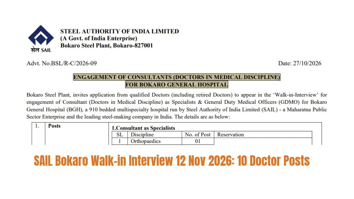 SAIL Bokaro Walk-in Interview 12 Nov 2026 10 Doctor Posts