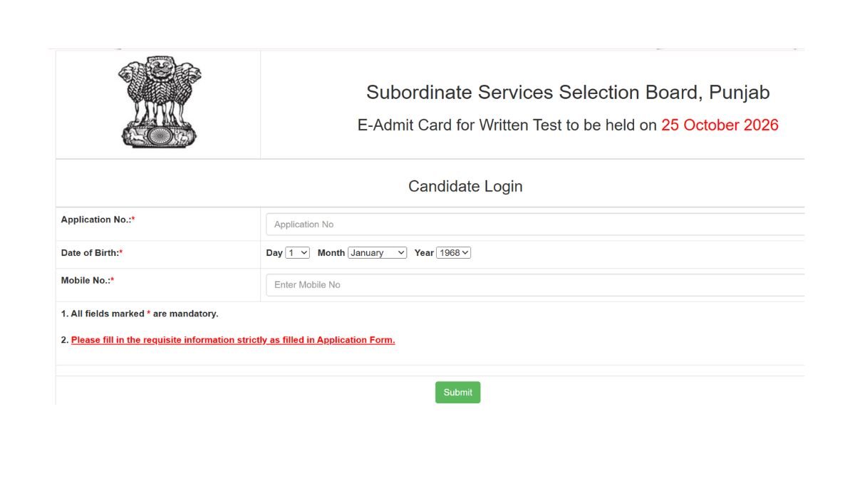 SSSB Punjab Admit Card 2026 Released Exam on 25 October