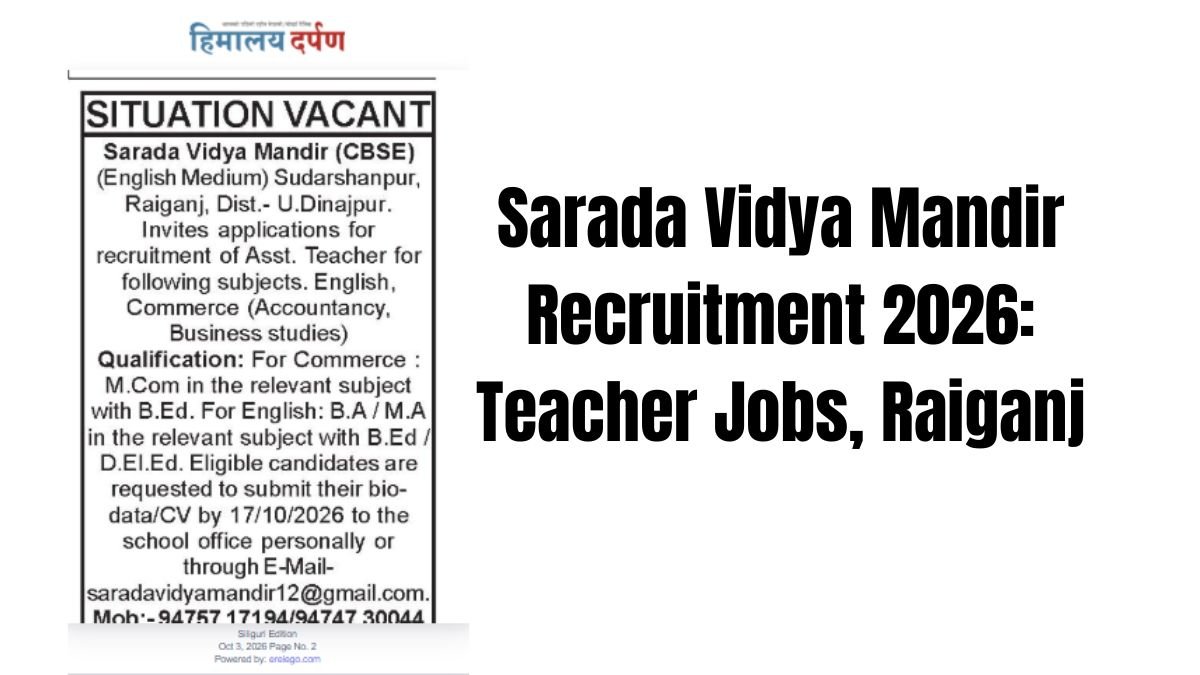 Sarada Vidya Mandir Recruitment 2026 Teacher Jobs, Raiganj