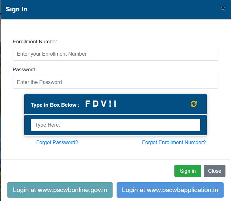 WBPSC Sign In popup showing enrollment number, password and captcha boxes