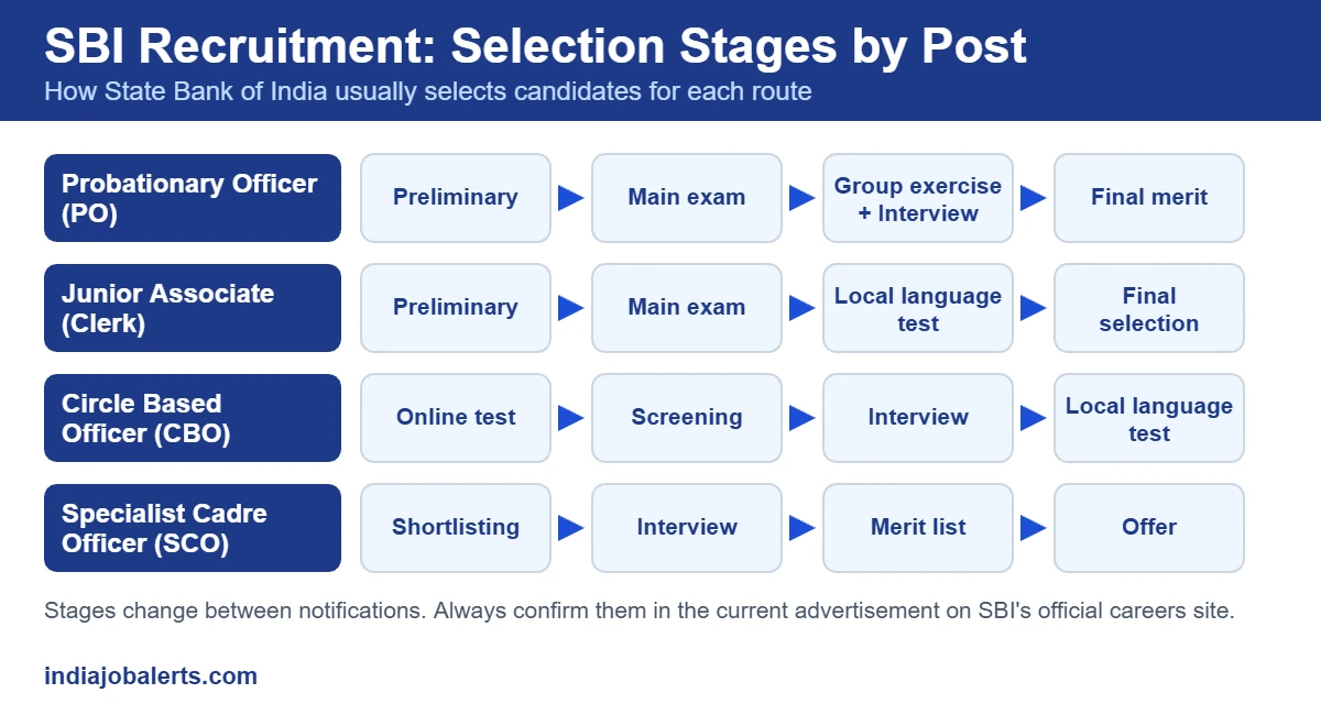 SBI recruitment process chart showing selection stages for PO, Junior Associate, CBO and SCO posts