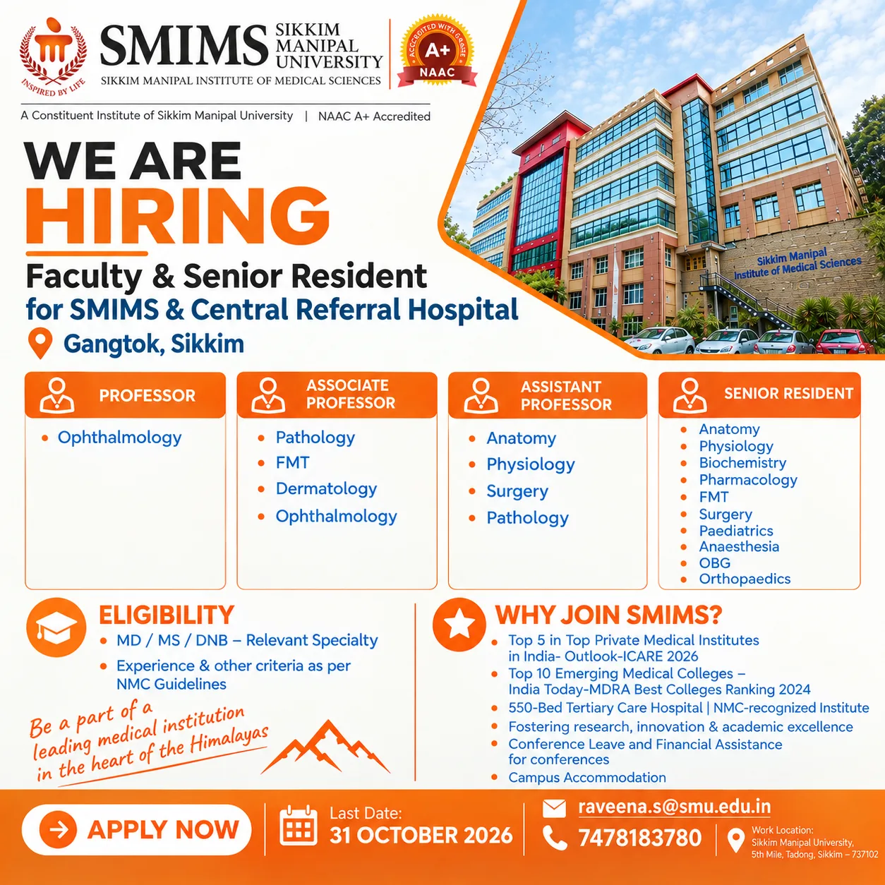 SMIMS Gangtok recruitment poster 2026 for Faculty and Senior Resident posts at SMIMS and Central Referral Hospital, Sikkim