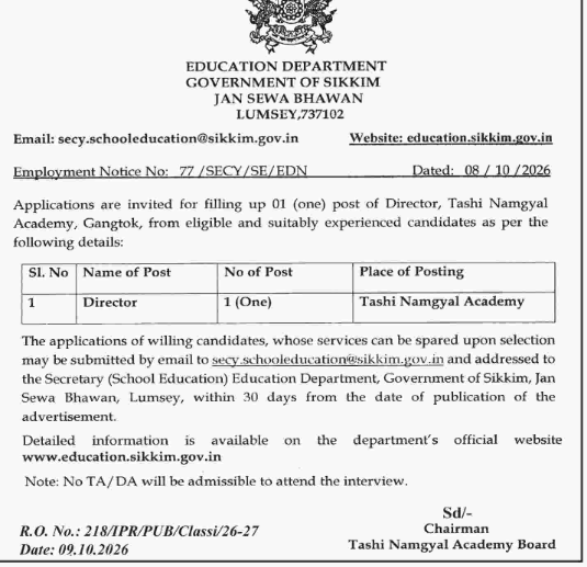 Tashi Namgyal Academy Director recruitment 2026 notice by Education Department, Government of Sikkim